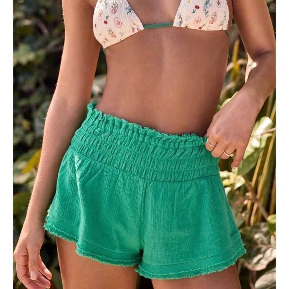 AS Revival Ocean Tide Smocked Gauze Shorts Green Frayed Hem Size XXS NWT